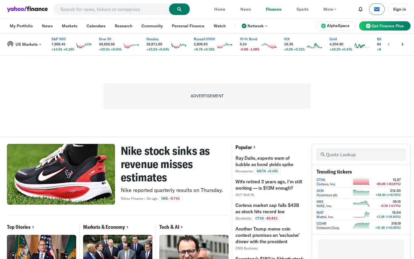 Yahoo Finance - Stock Market Live, Quotes, Business & Finance News Homepage screenshot