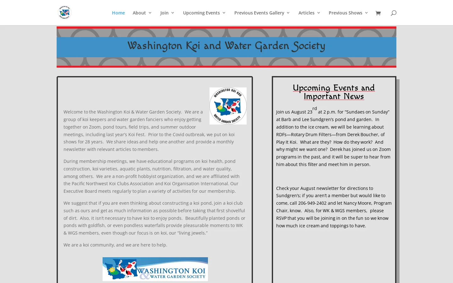 Washington Koi & Water Garden Society Homepage screenshot