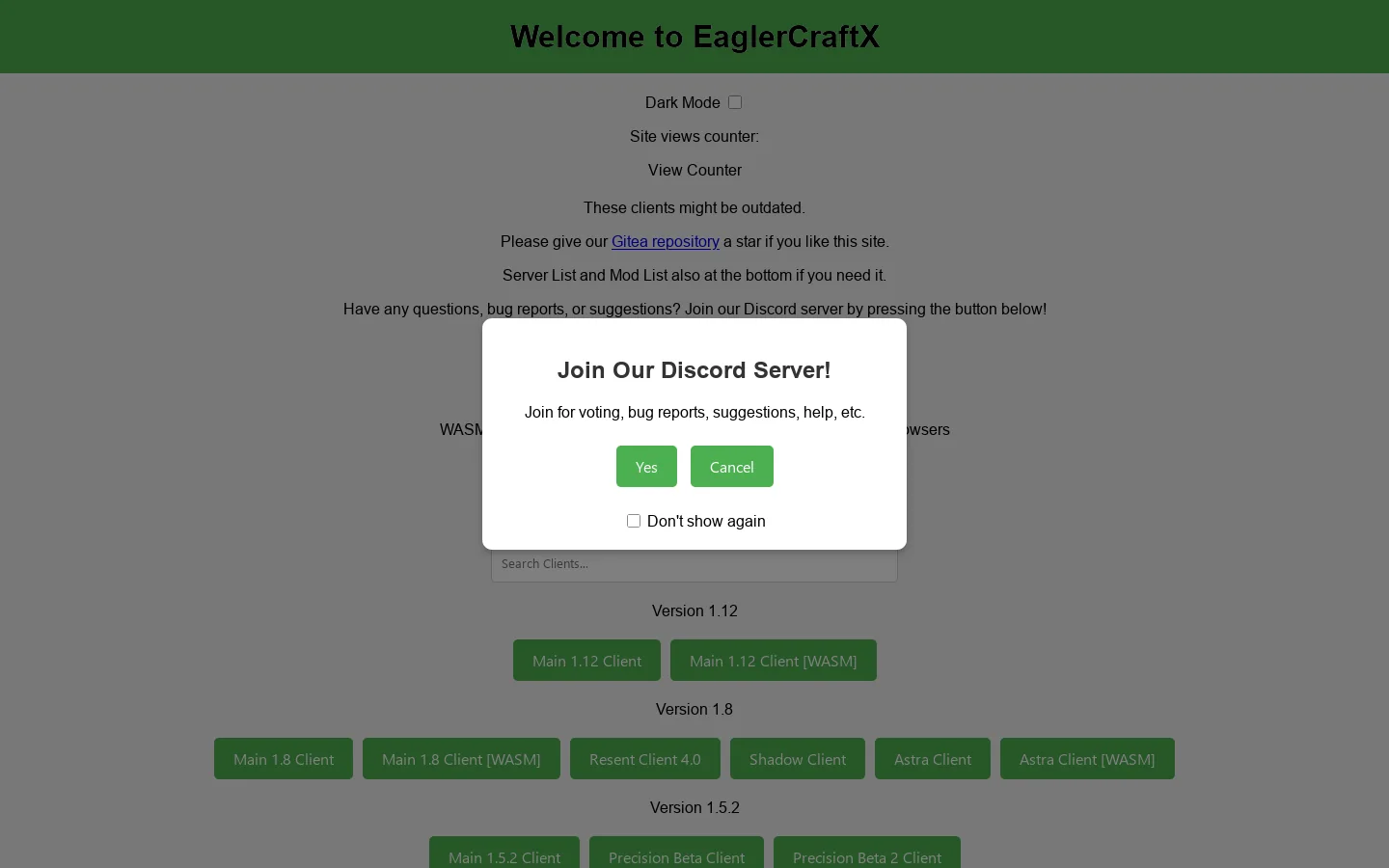 EaglerCraftX Homepage screenshot
