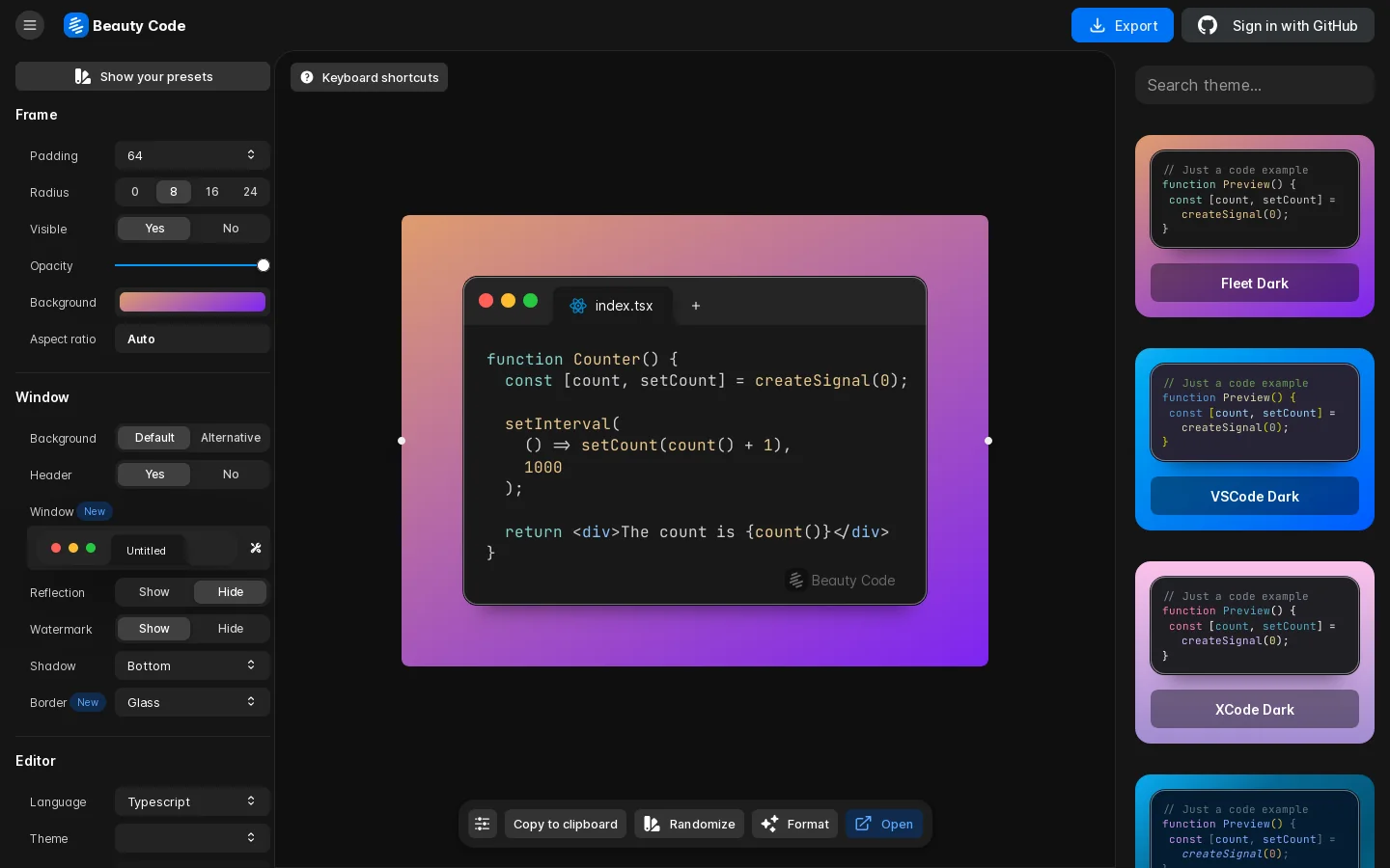 Beauty Code - Create Stunning Code Screenshots & Manage Snippets Homepage screenshot