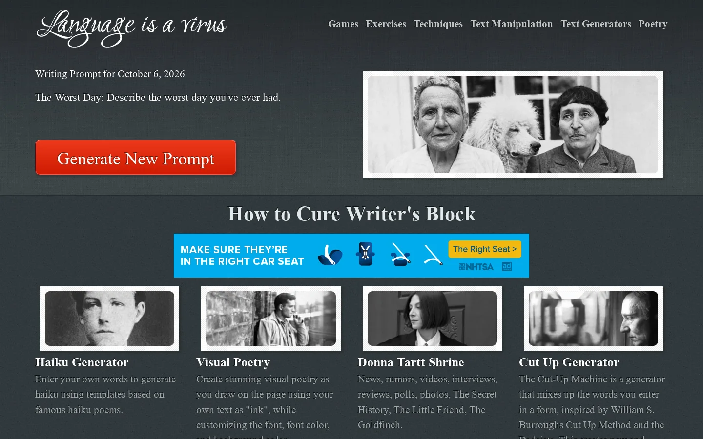 Cure writer's block with writing prompts, creative writing exercises, poem generators & more Homepage screenshot