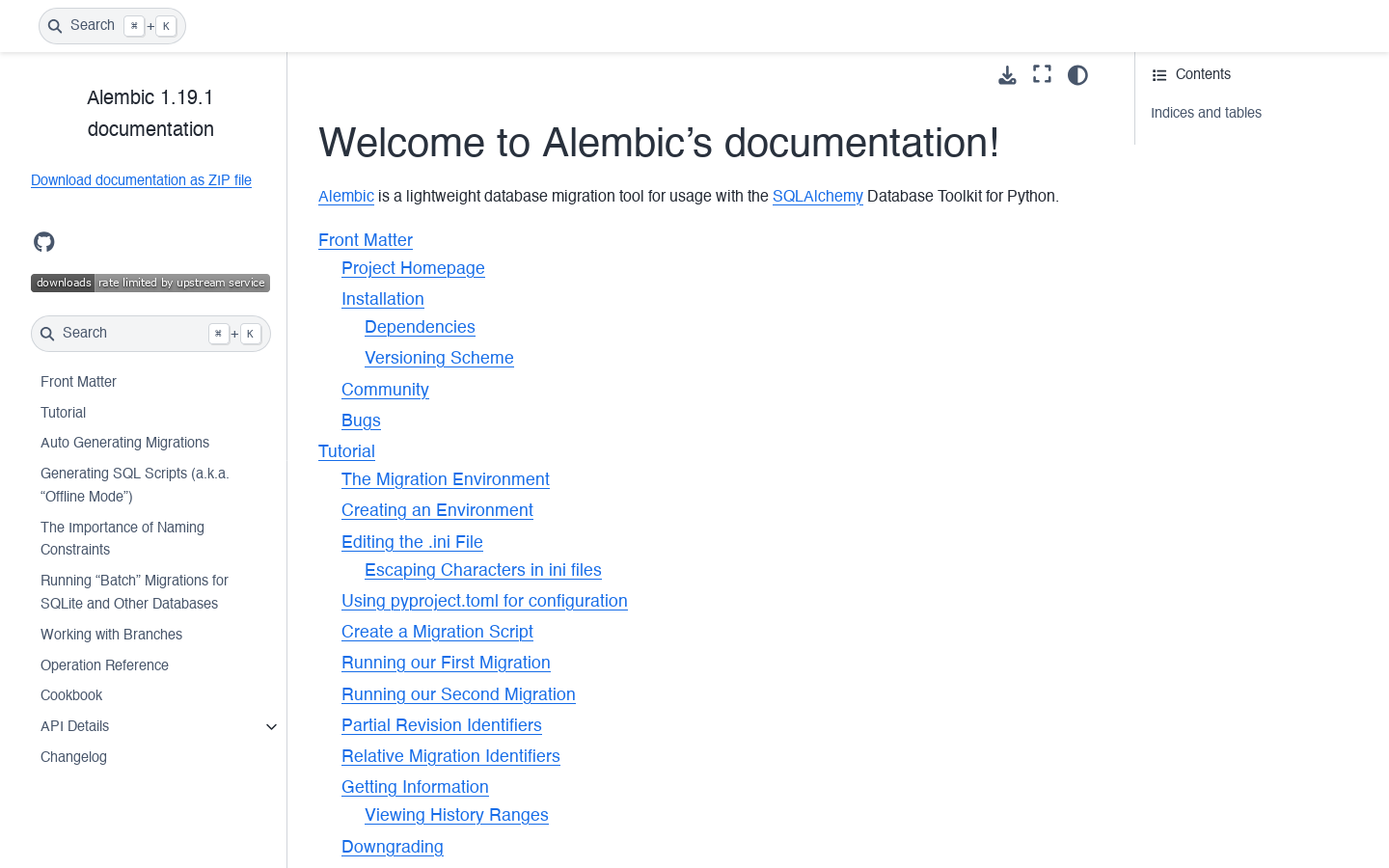 Alembic 1.19.1 documentation Homepage screenshot