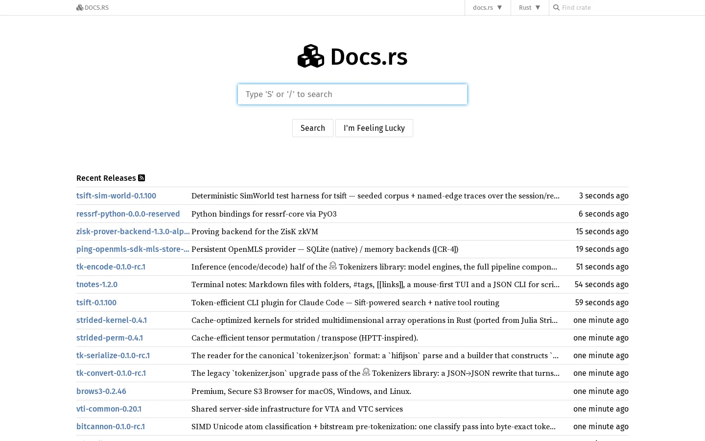 Docs.rs Homepage screenshot