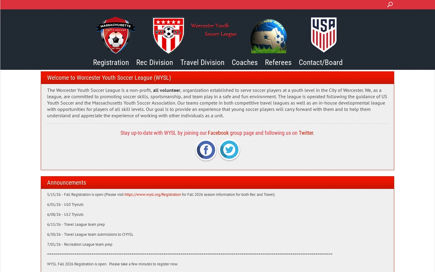 Wortcester Youth Soccer League Homepage screenshot
