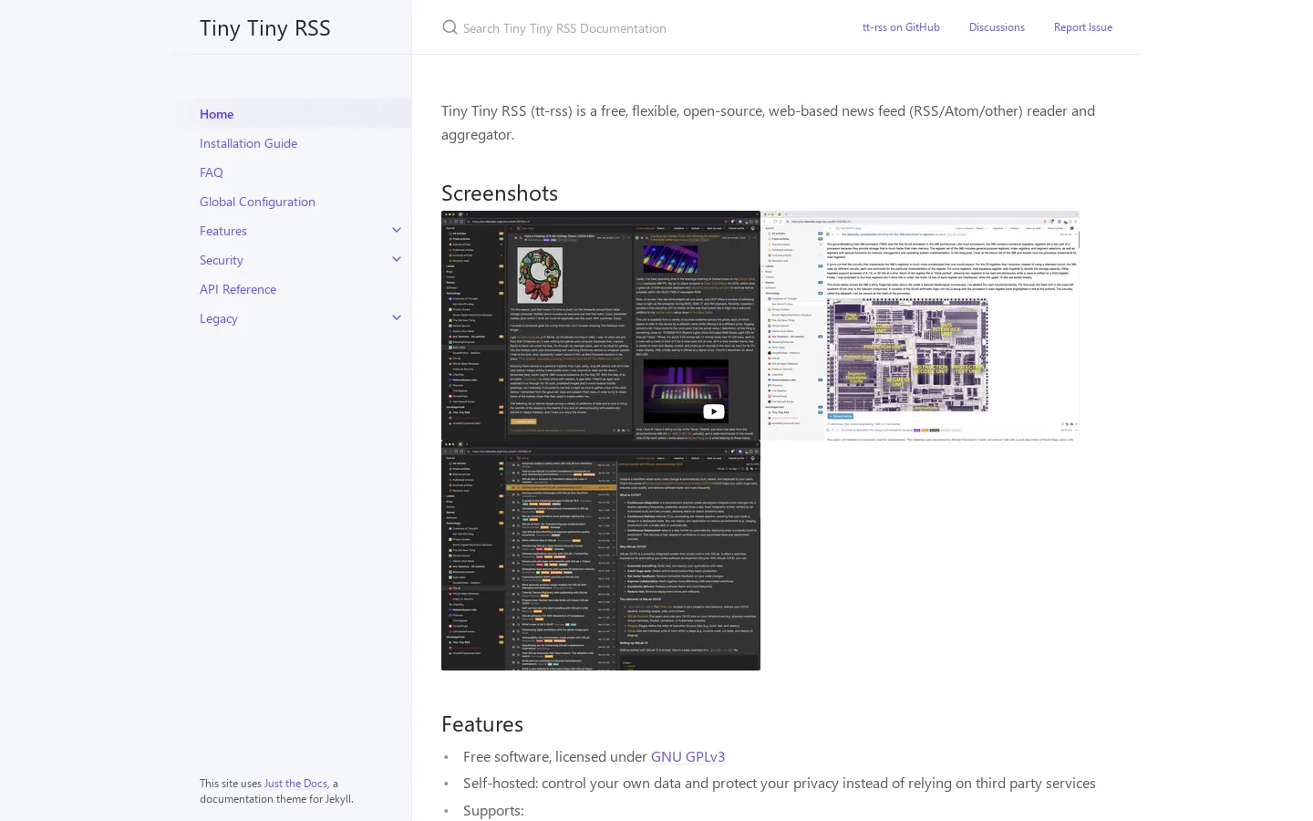 Home | Tiny Tiny RSS Homepage screenshot