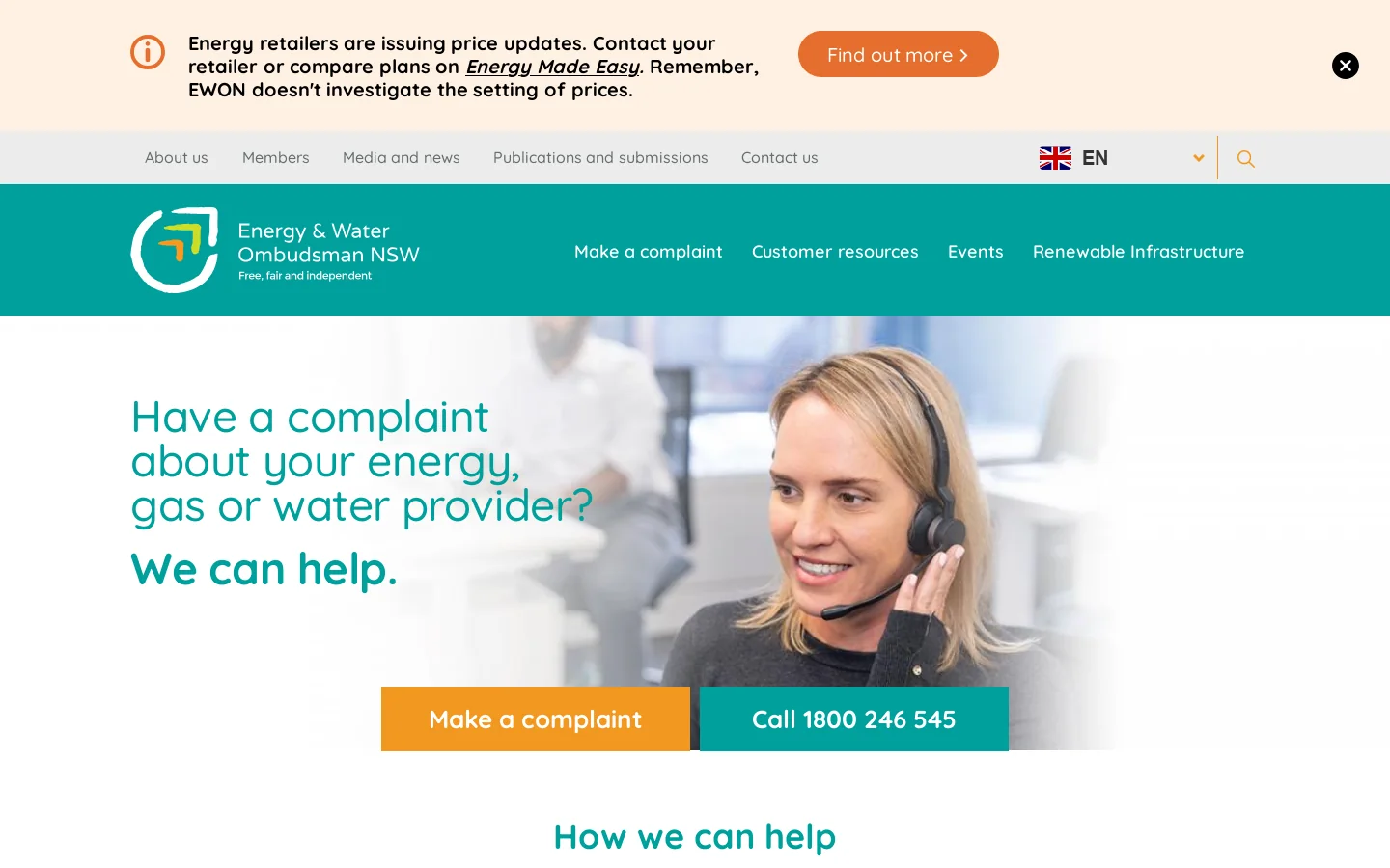 Energy & Water Ombudsman NSW (EWON) Homepage screenshot