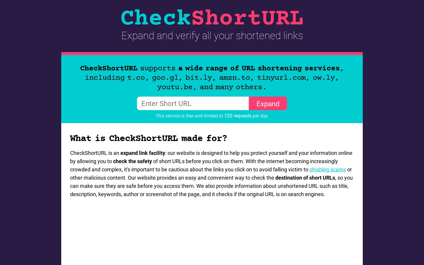 Check Short URL Homepage screenshot