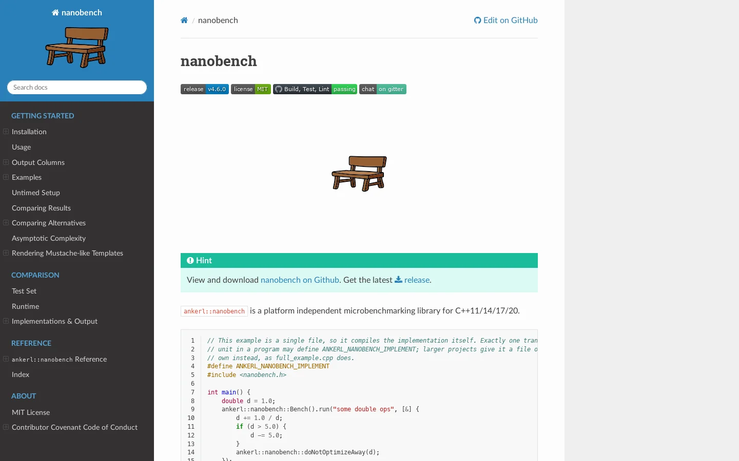 nanobench Homepage screenshot