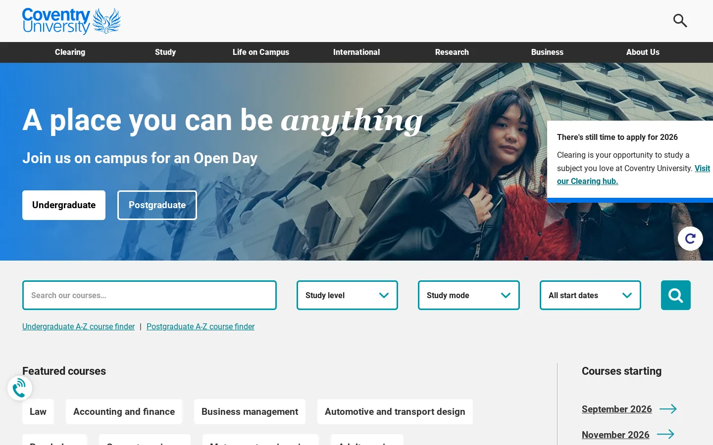 Coventry University Homepage screenshot