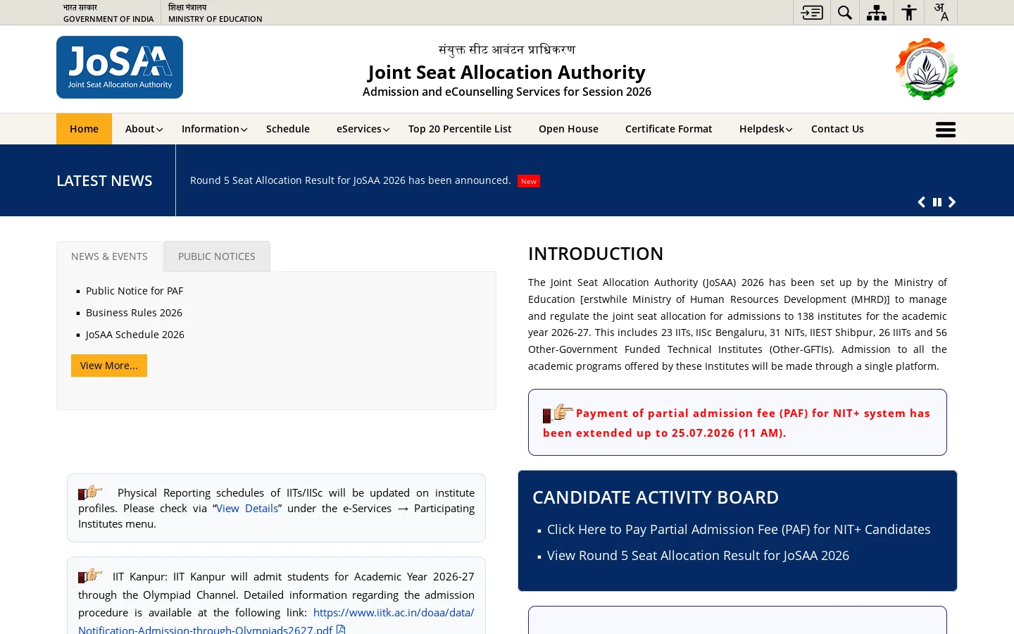 Joint Seat Allocation Authority (JOSAA) | India Homepage screenshot