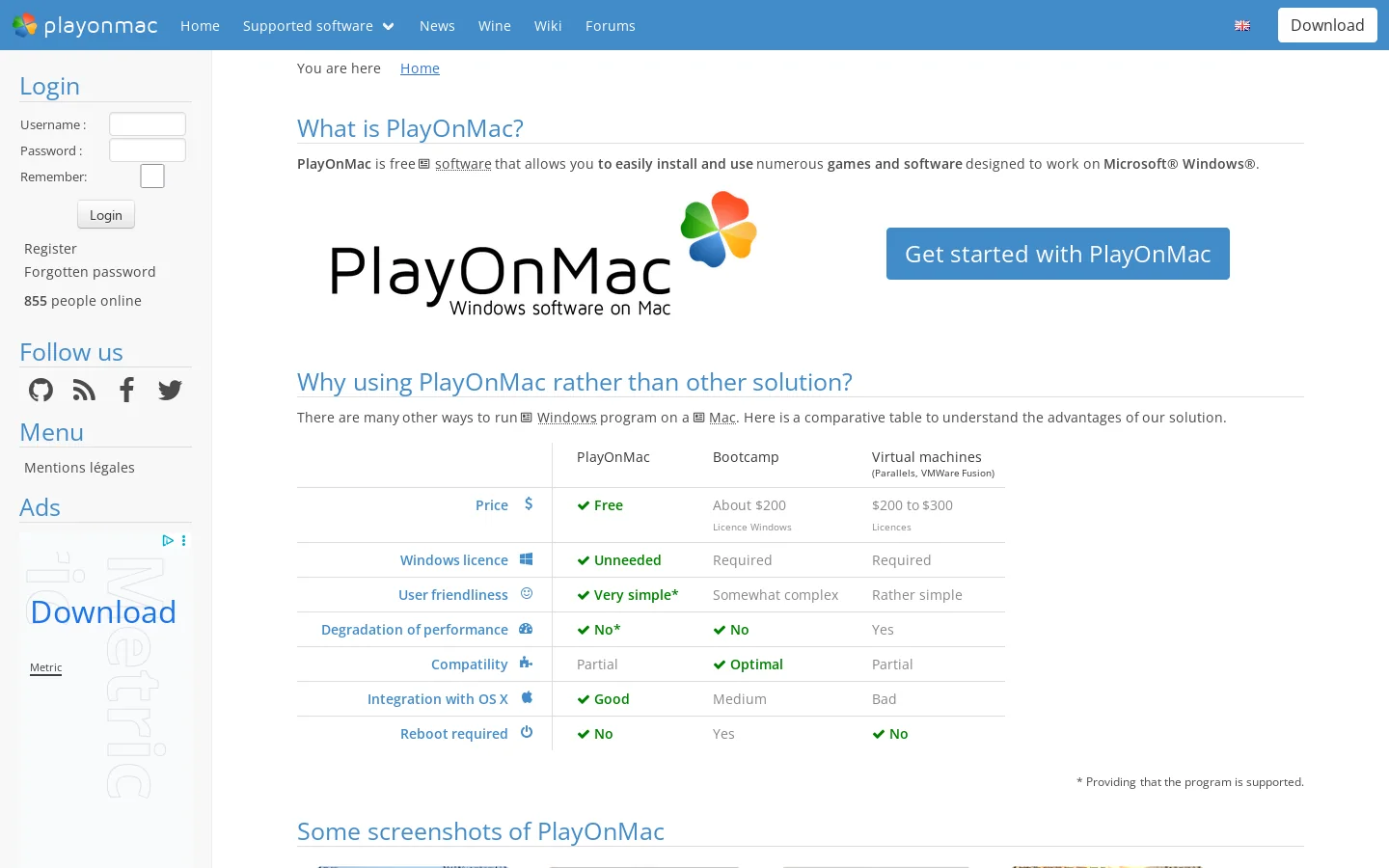 PlayOnMac Homepage screenshot