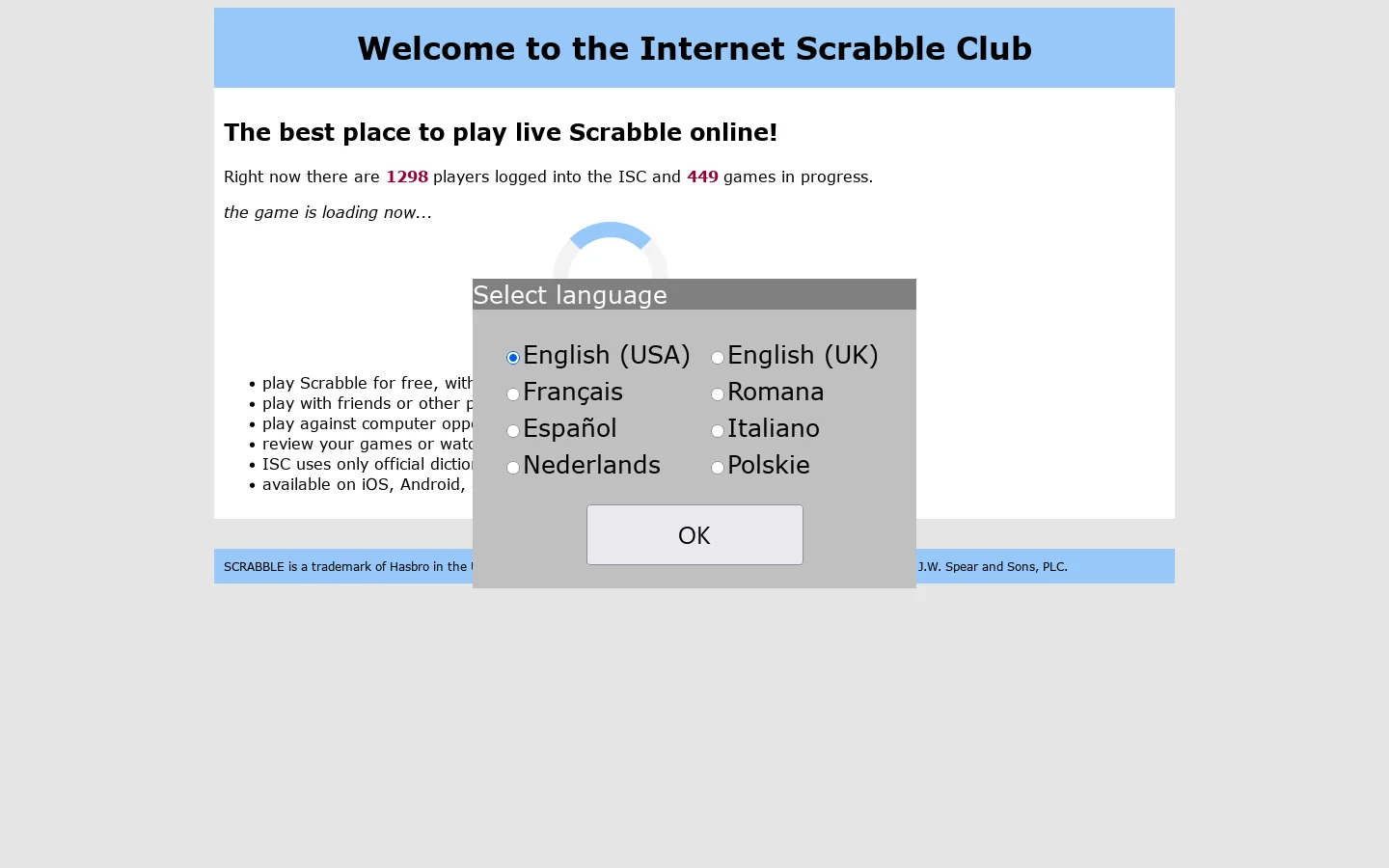 Internet Scrabble Club - play scrabble online Homepage screenshot