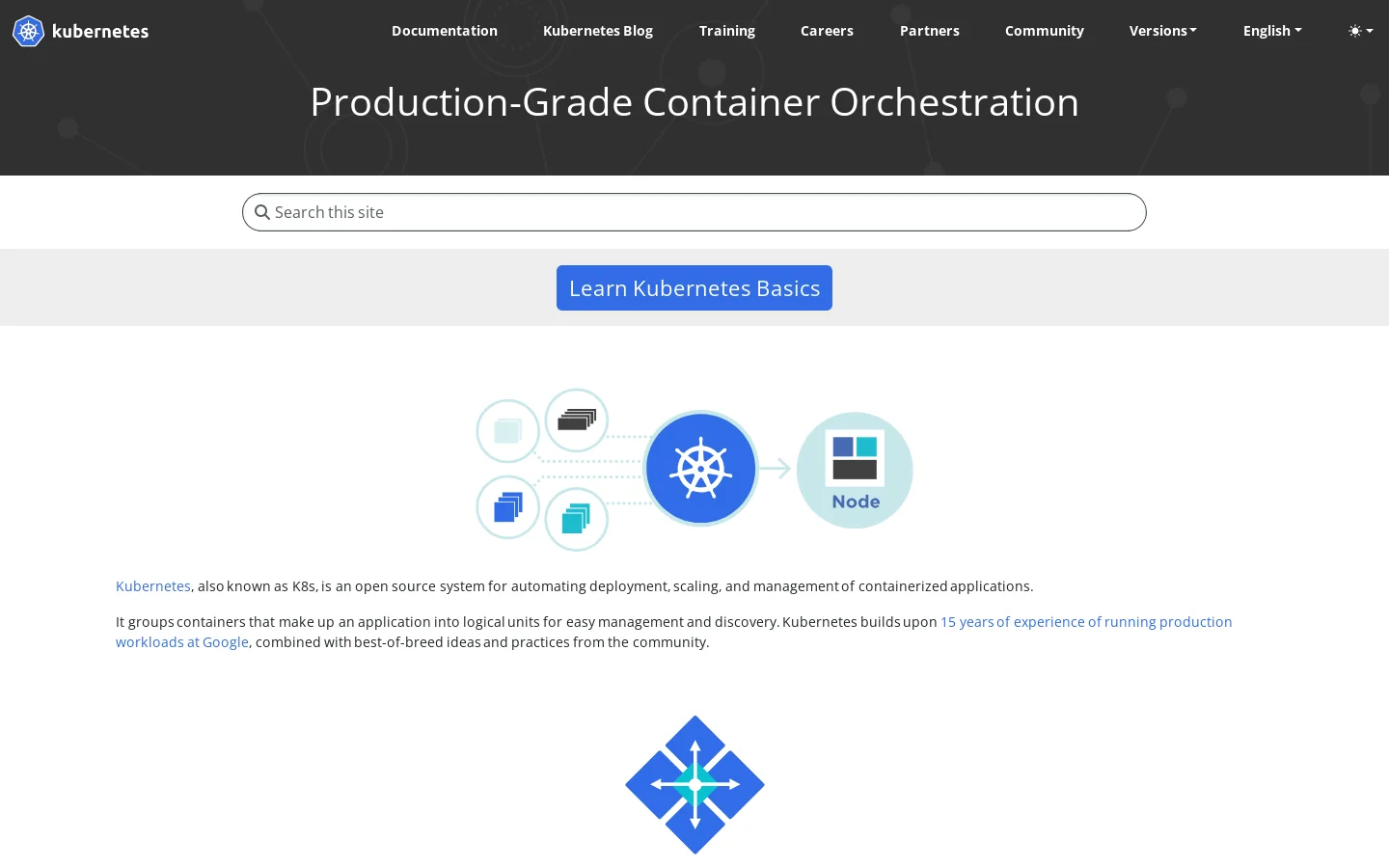 Kubernetes Homepage screenshot