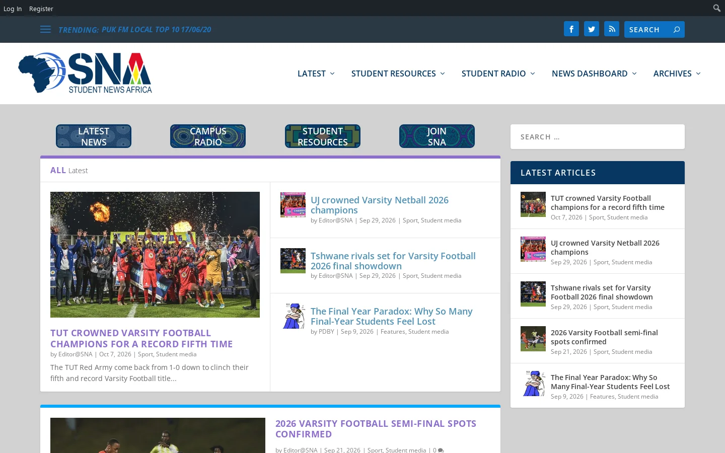 Student News Africa Homepage screenshot
