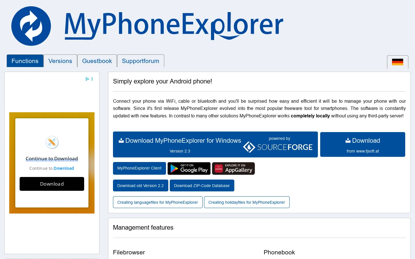 MyPhoneExplorer | Functions Homepage screenshot