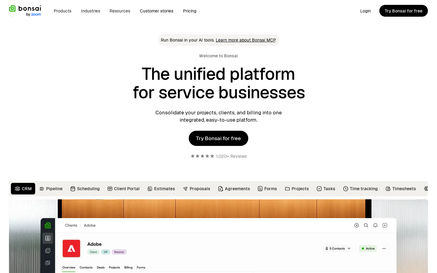 Bonsai - Business management software Homepage screenshot