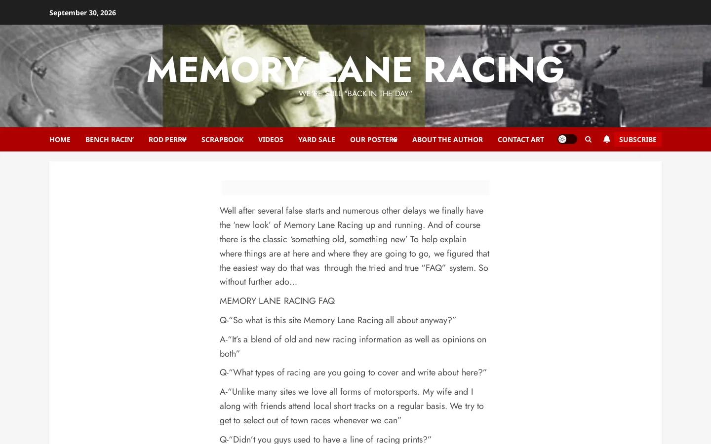 Memory Lane Racing Homepage screenshot