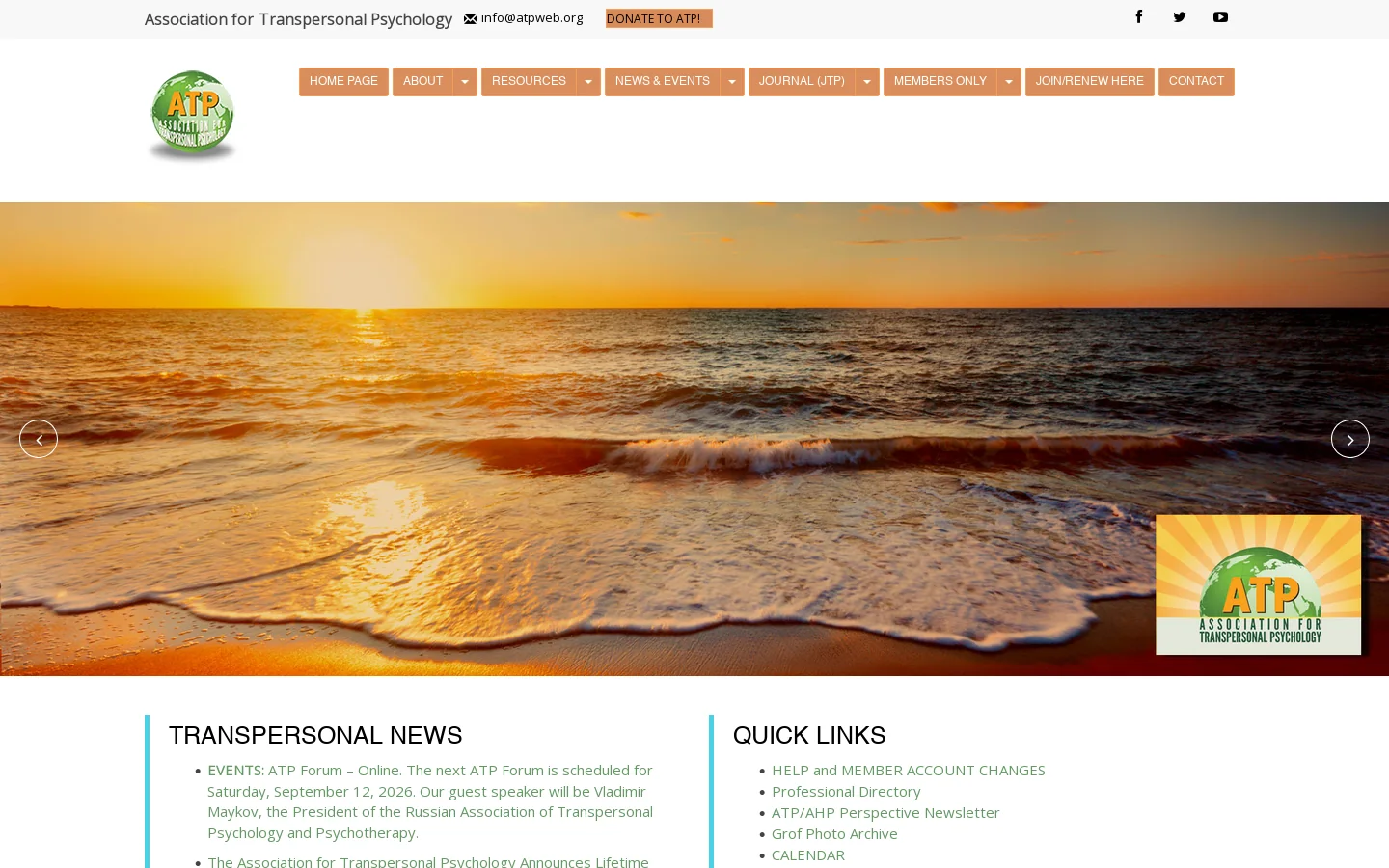 The Association for Transpersonal Psychology promoting a vision of the universe as sacred. Homepage screenshot