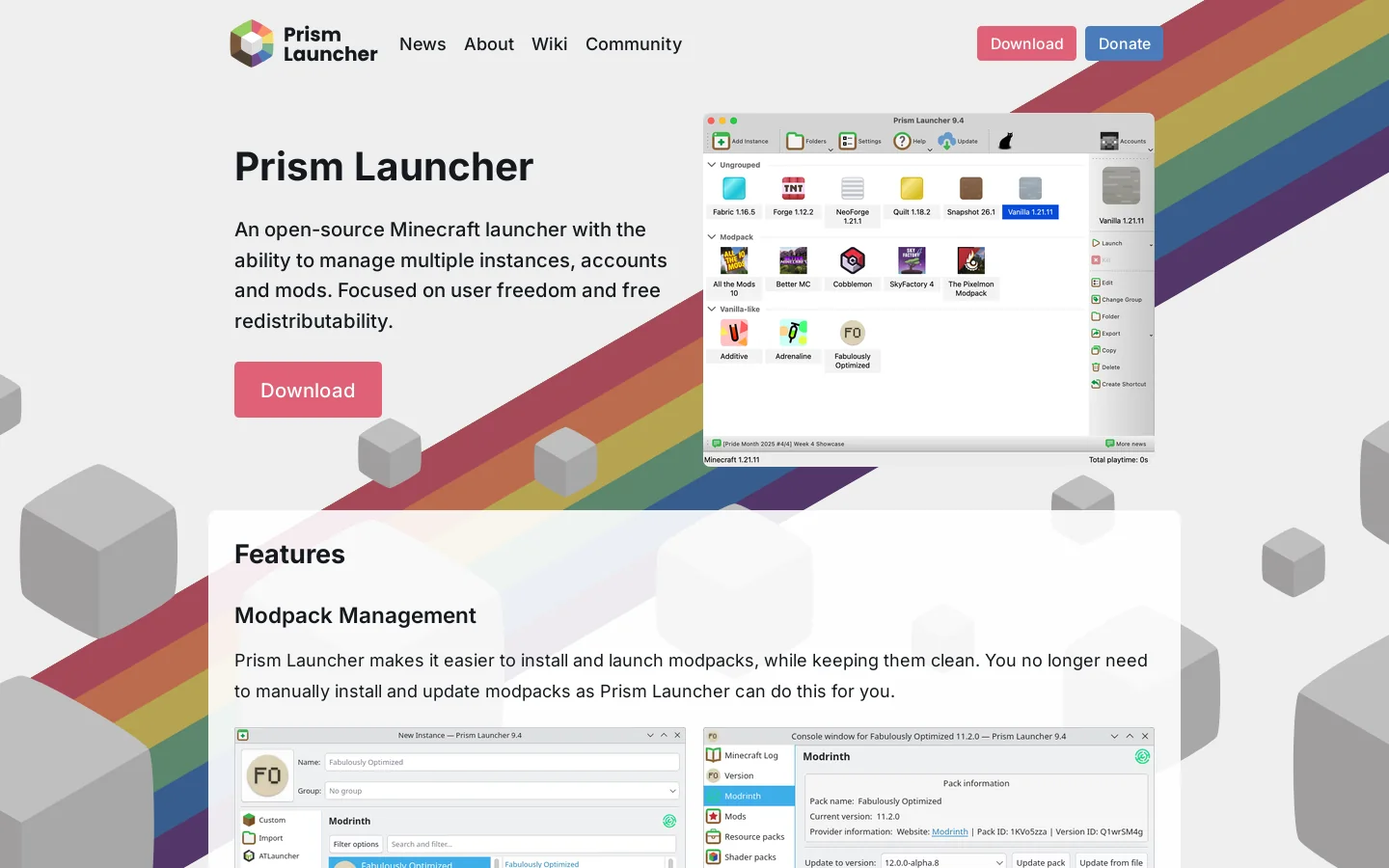 Prism Launcher Homepage screenshot