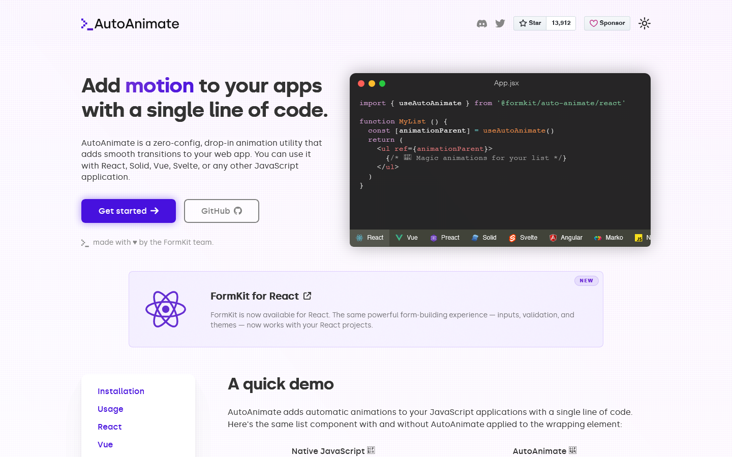 AutoAnimate Homepage screenshot