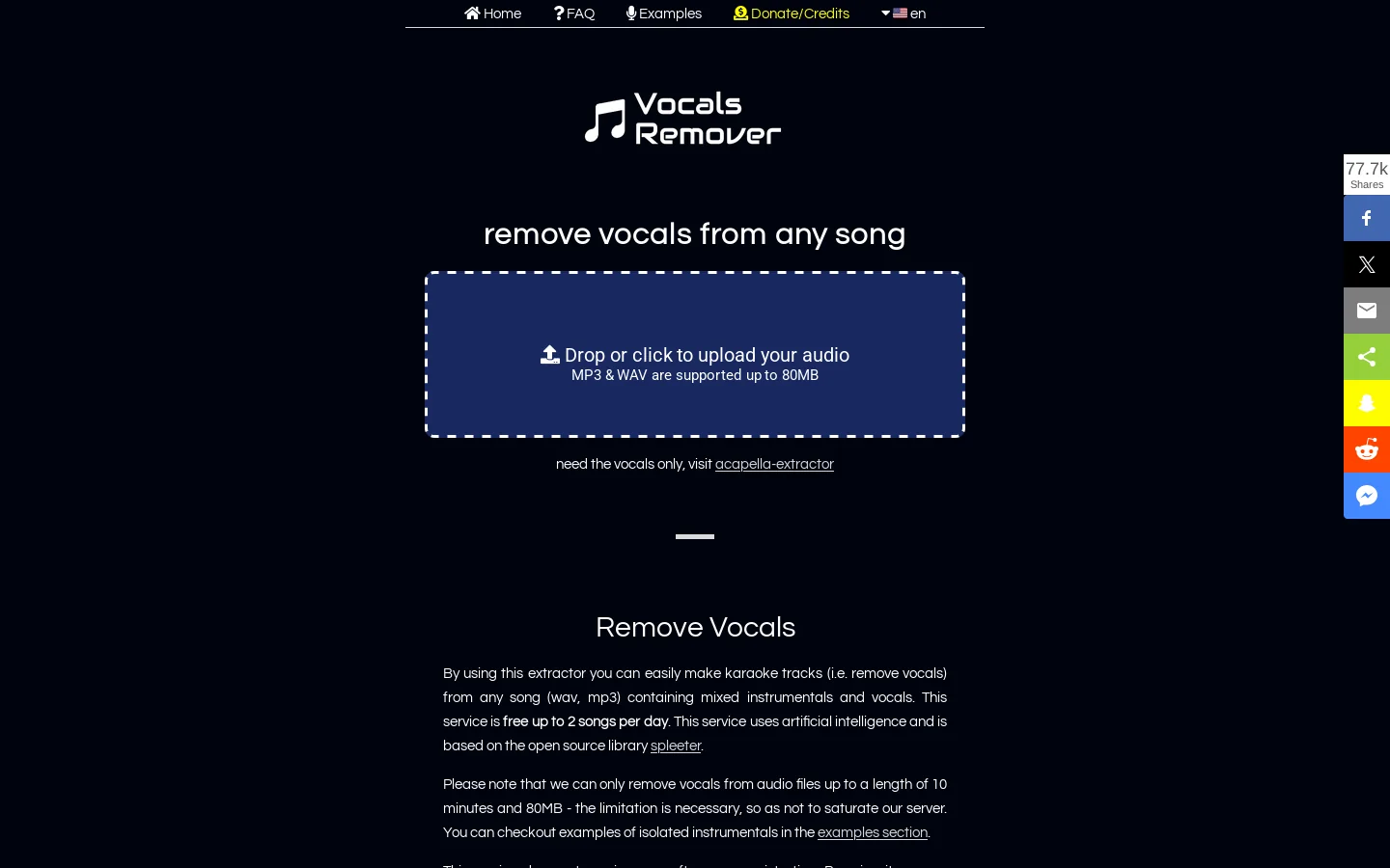 Remove Vocals Homepage screenshot