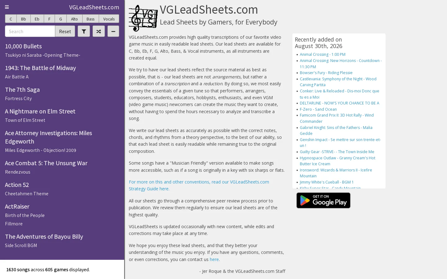 VGLeadSheets.com Homepage screenshot