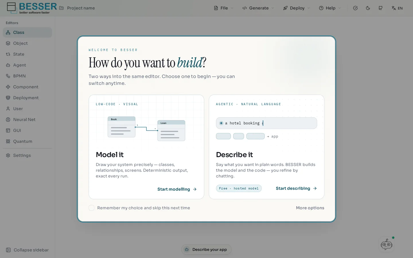 BESSER Web Modeling Editor Homepage screenshot