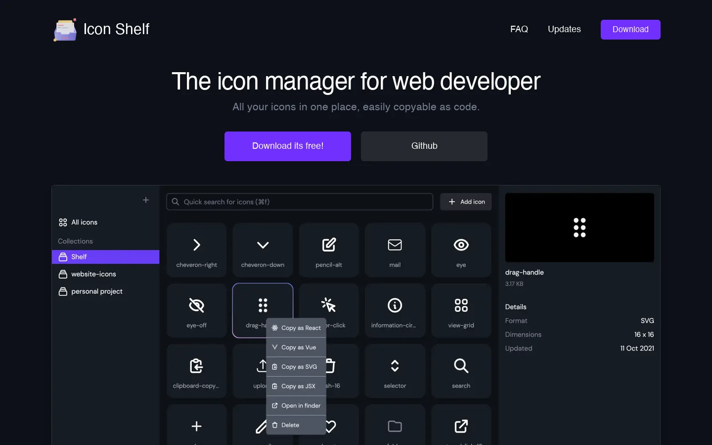 The icon manager for web developer Homepage screenshot