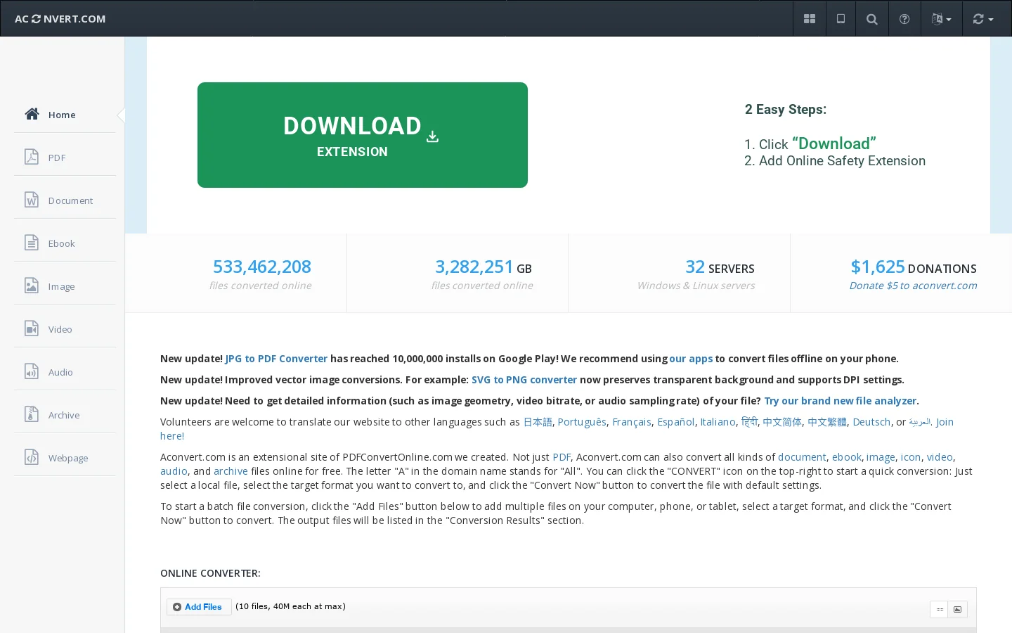 Convert document, image, video, and audio files online Homepage screenshot