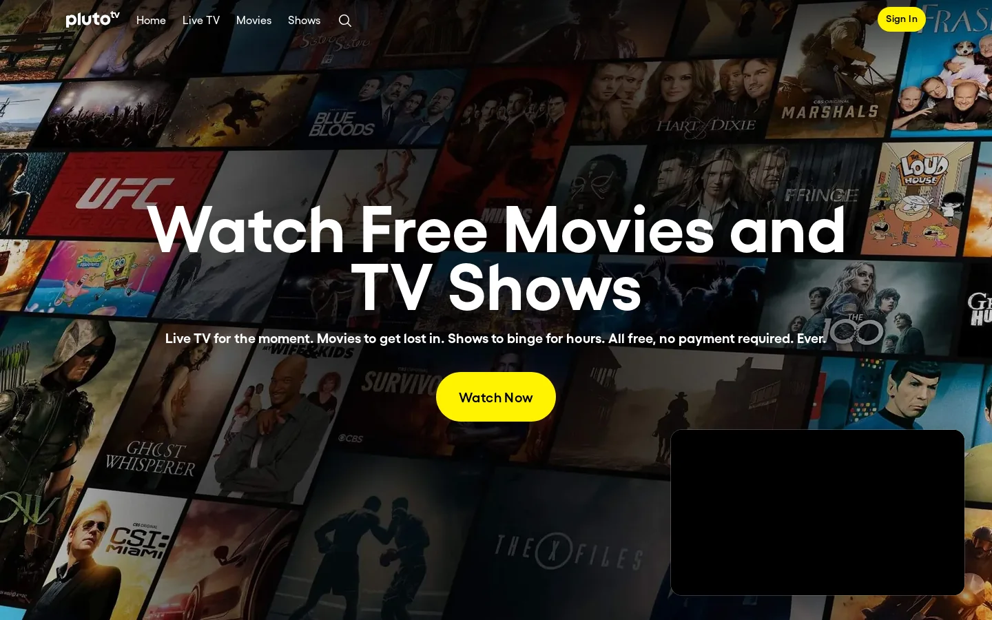 Pluto TV Homepage screenshot