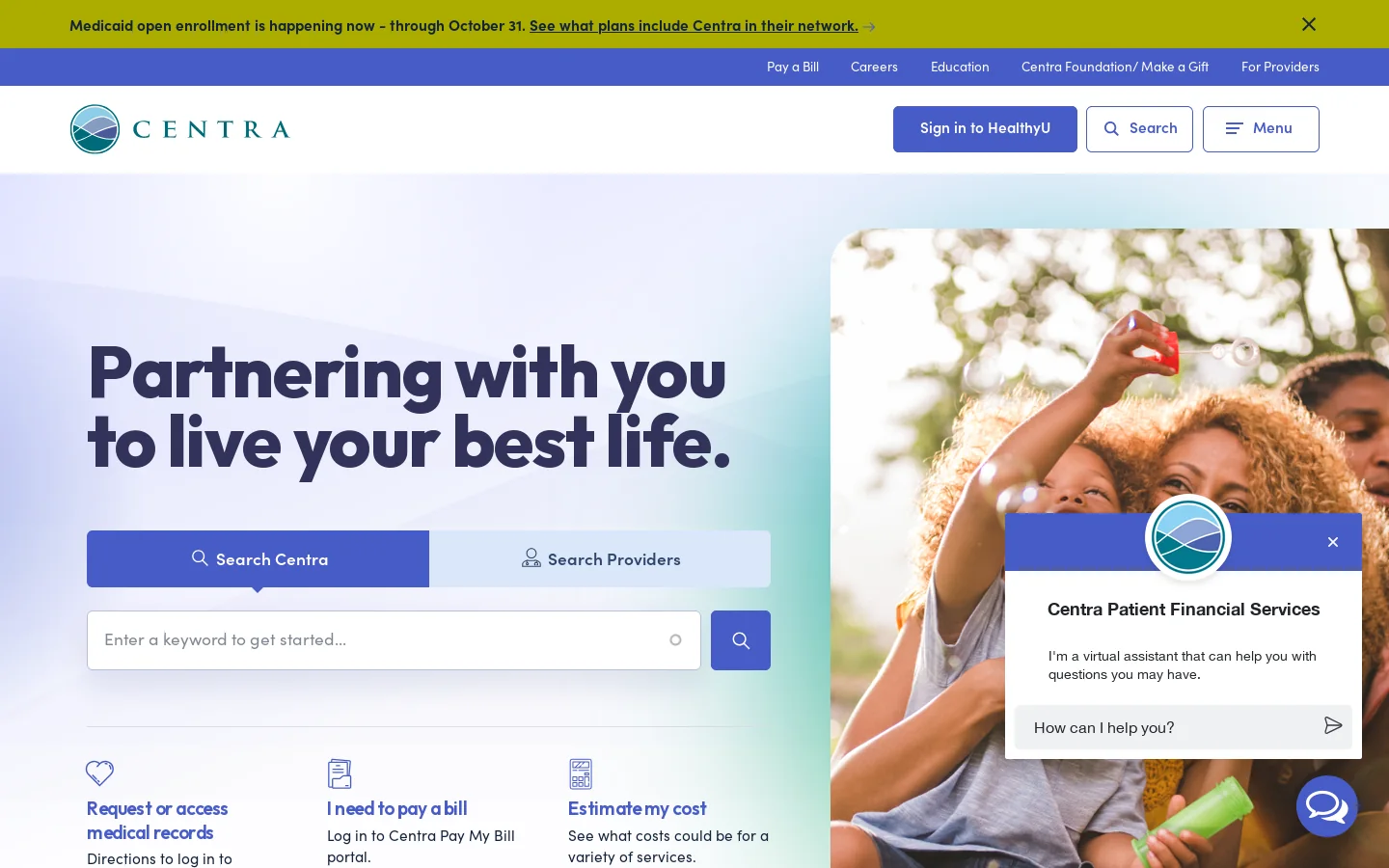 Centra Health Homepage screenshot