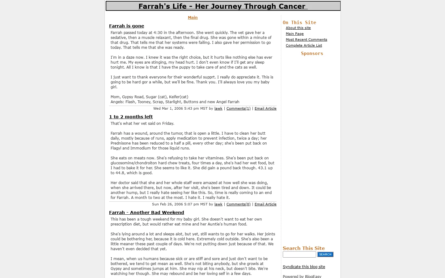 Farrah's Life - Her Journey Through Cancer Homepage screenshot
