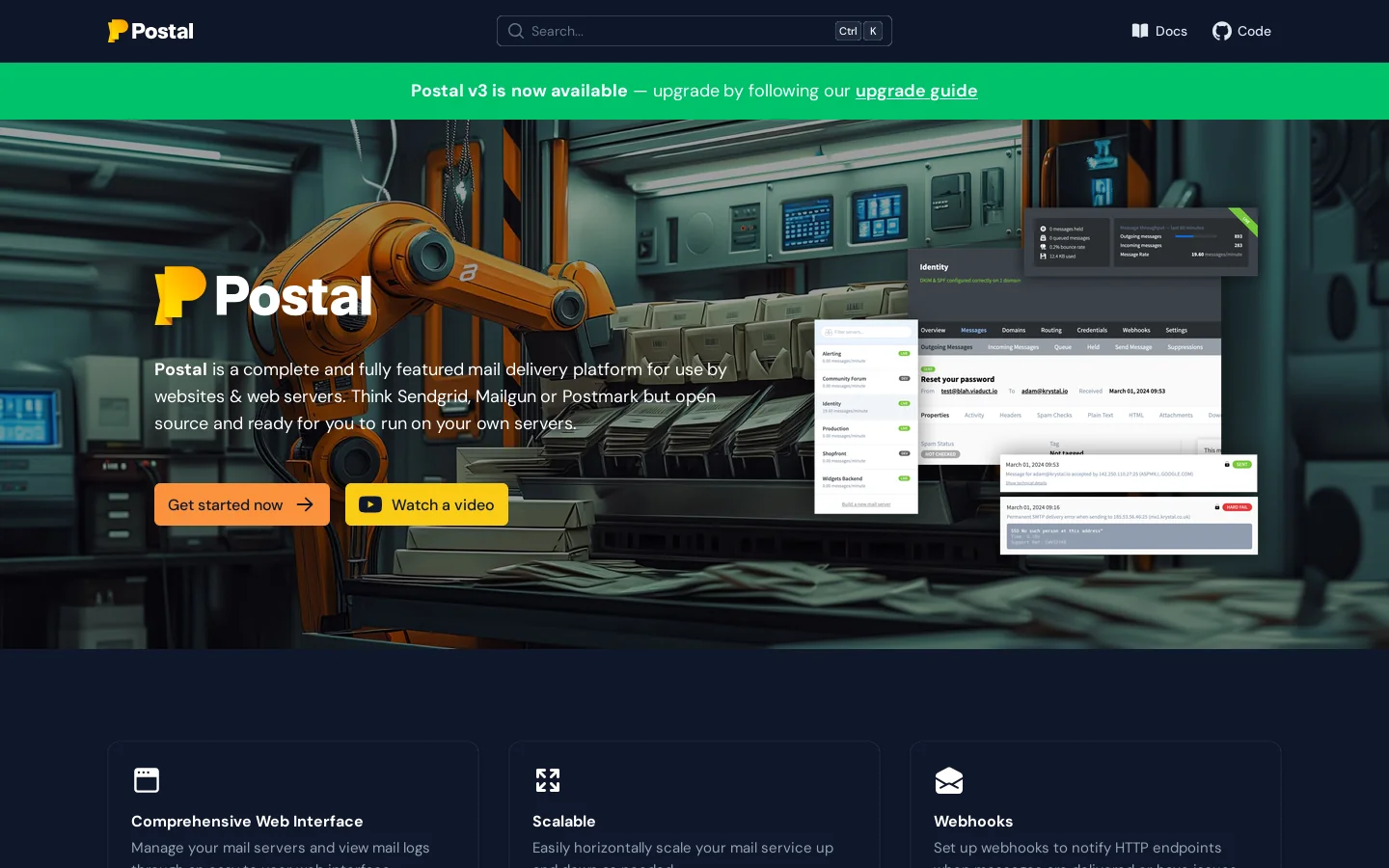 Postal - an open source mail delivery platform Homepage screenshot