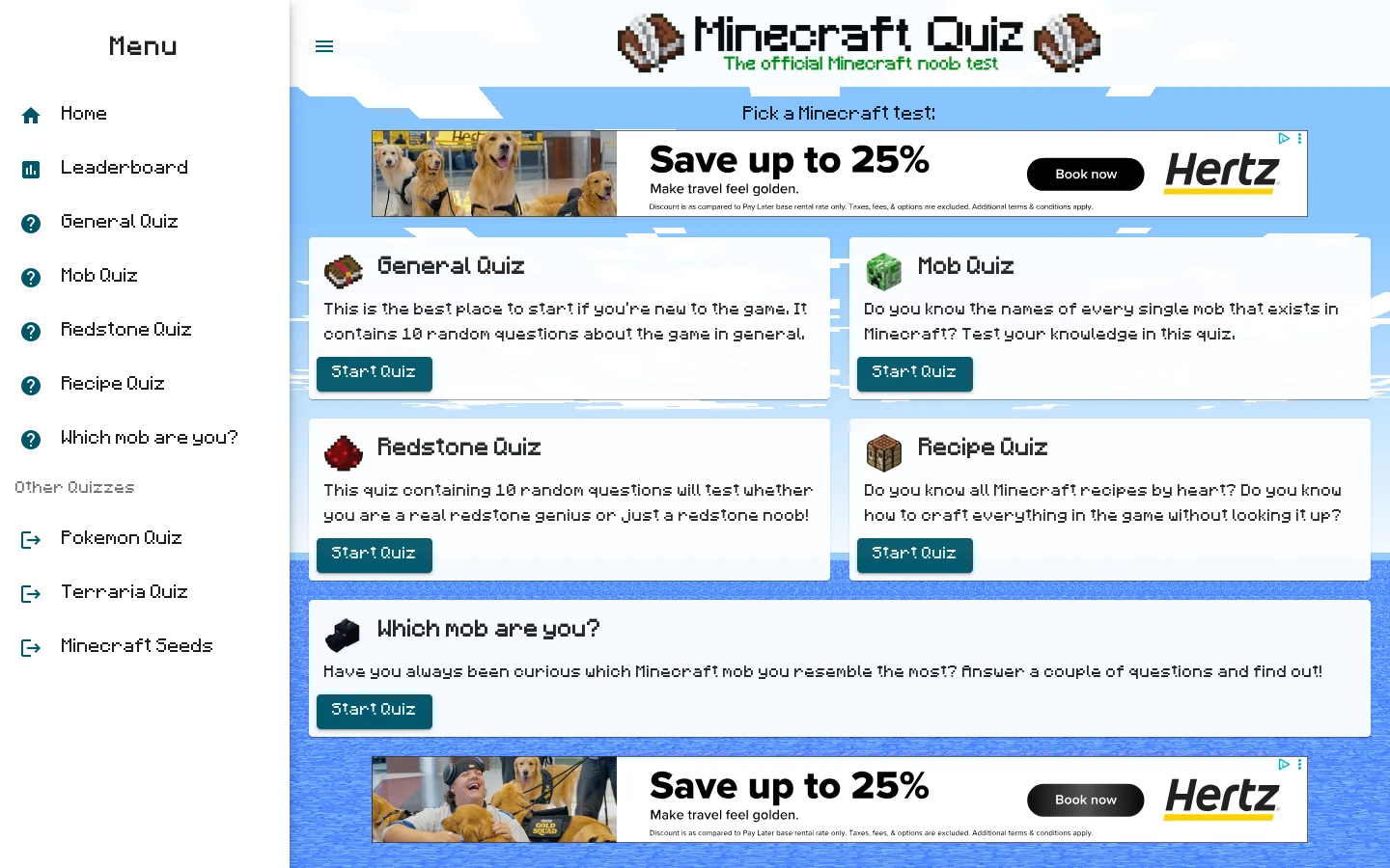 Minecraft Quiz Homepage screenshot