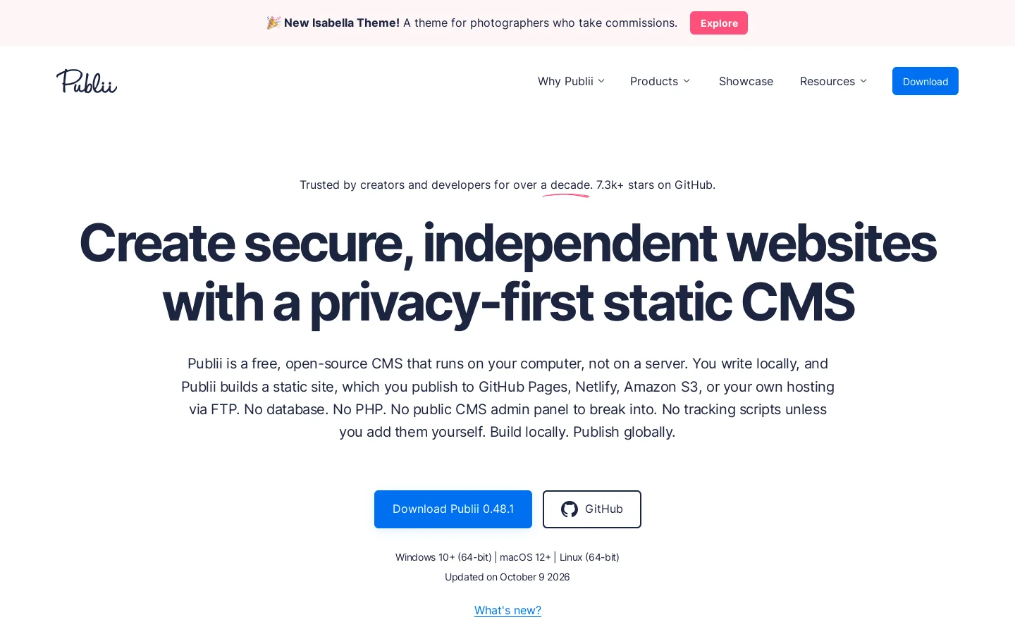 Publii: Free Open-Source Static CMS for Fast, Secure Websites Homepage screenshot