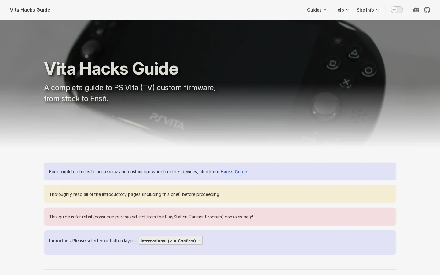 Vita Hacks Guide Homepage screenshot