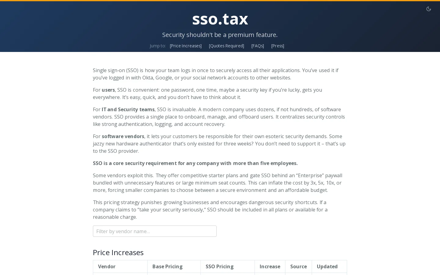 The SSO Wall of Shame | A list of vendors that treat single sign-on as a luxury feature, not a core security requirement. Homepage screenshot