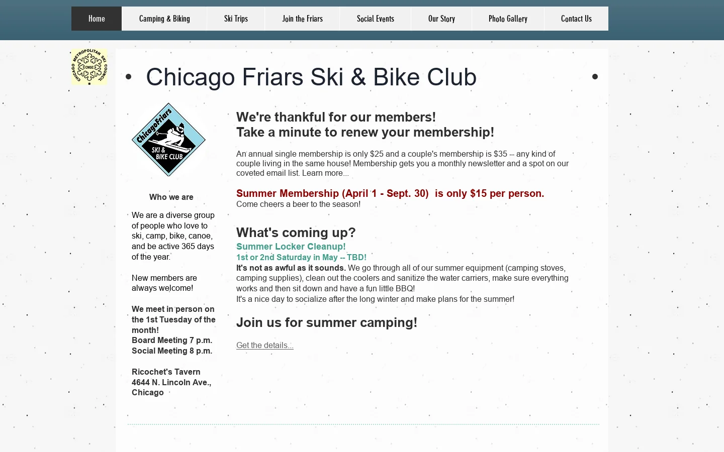 Chicago Friars Ski and Bike Club Homepage screenshot