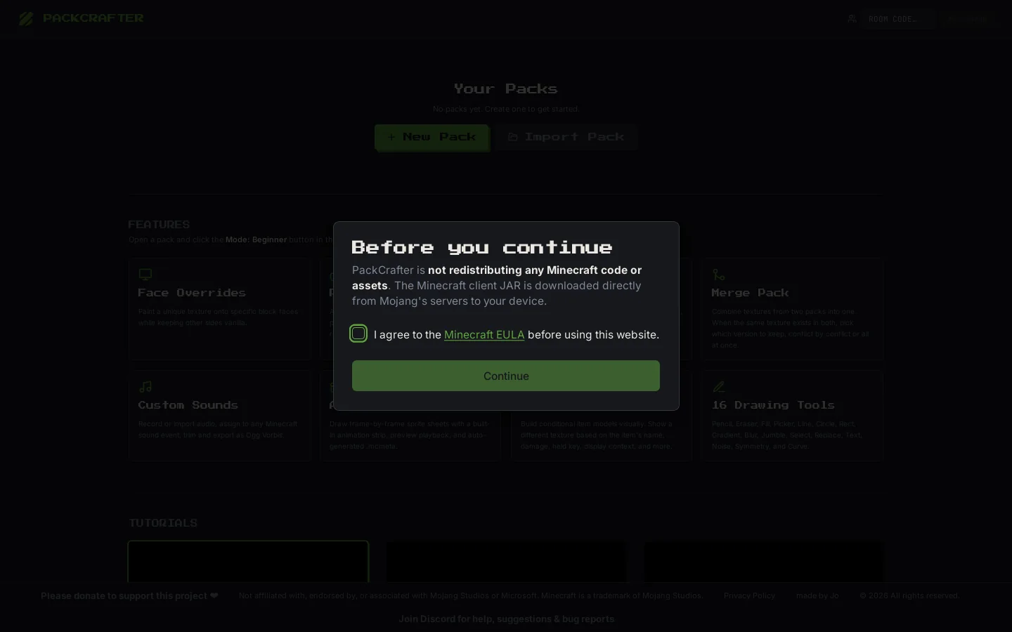 PackCrafter Homepage screenshot