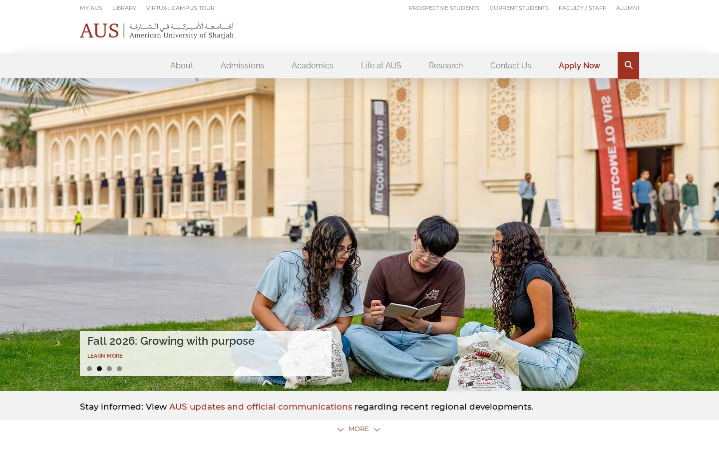 American University of Sharjah Homepage screenshot