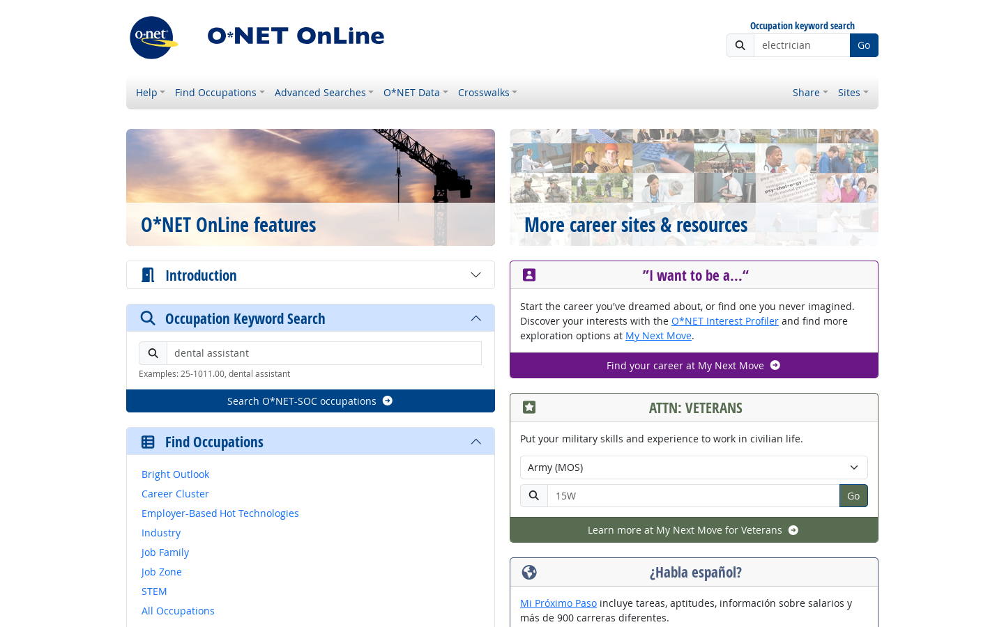 O*NET OnLine Homepage screenshot