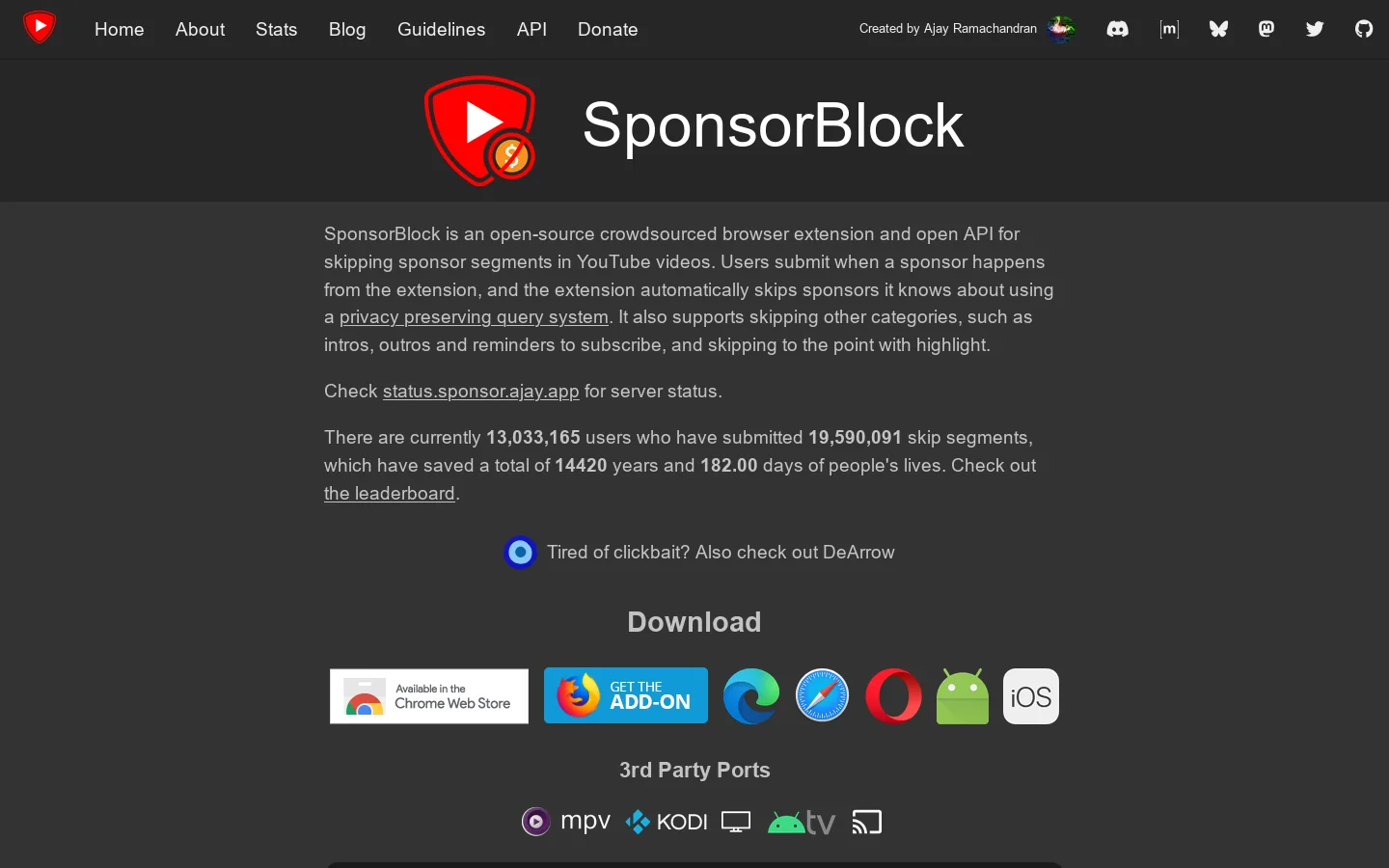 SponsorBlock Homepage screenshot