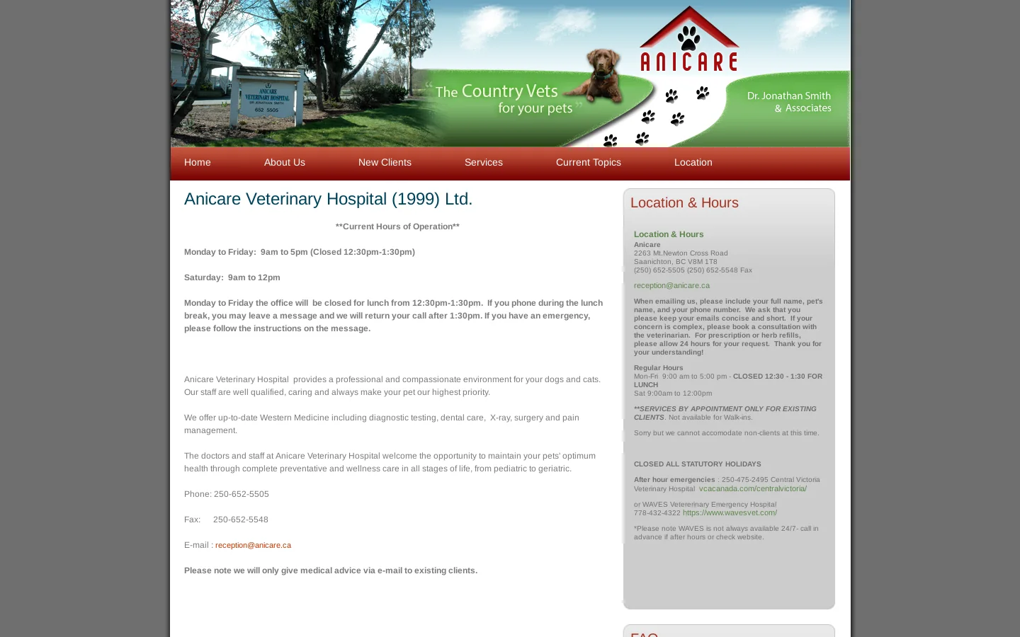 Anicare Veterinary Hospital Saanichton Homepage screenshot