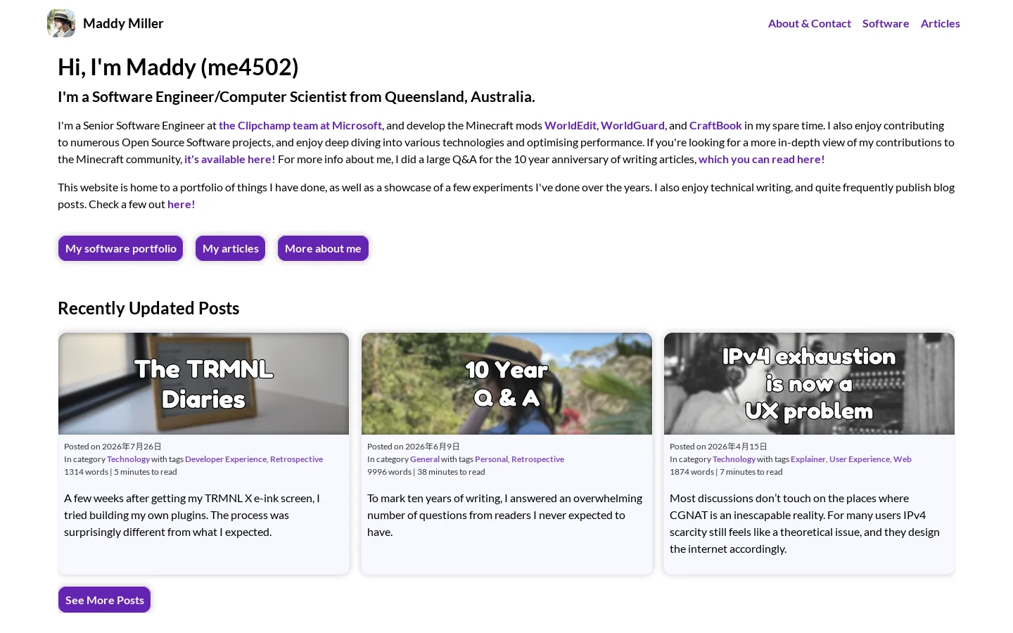Maddy Miller, Software Engineer Homepage screenshot