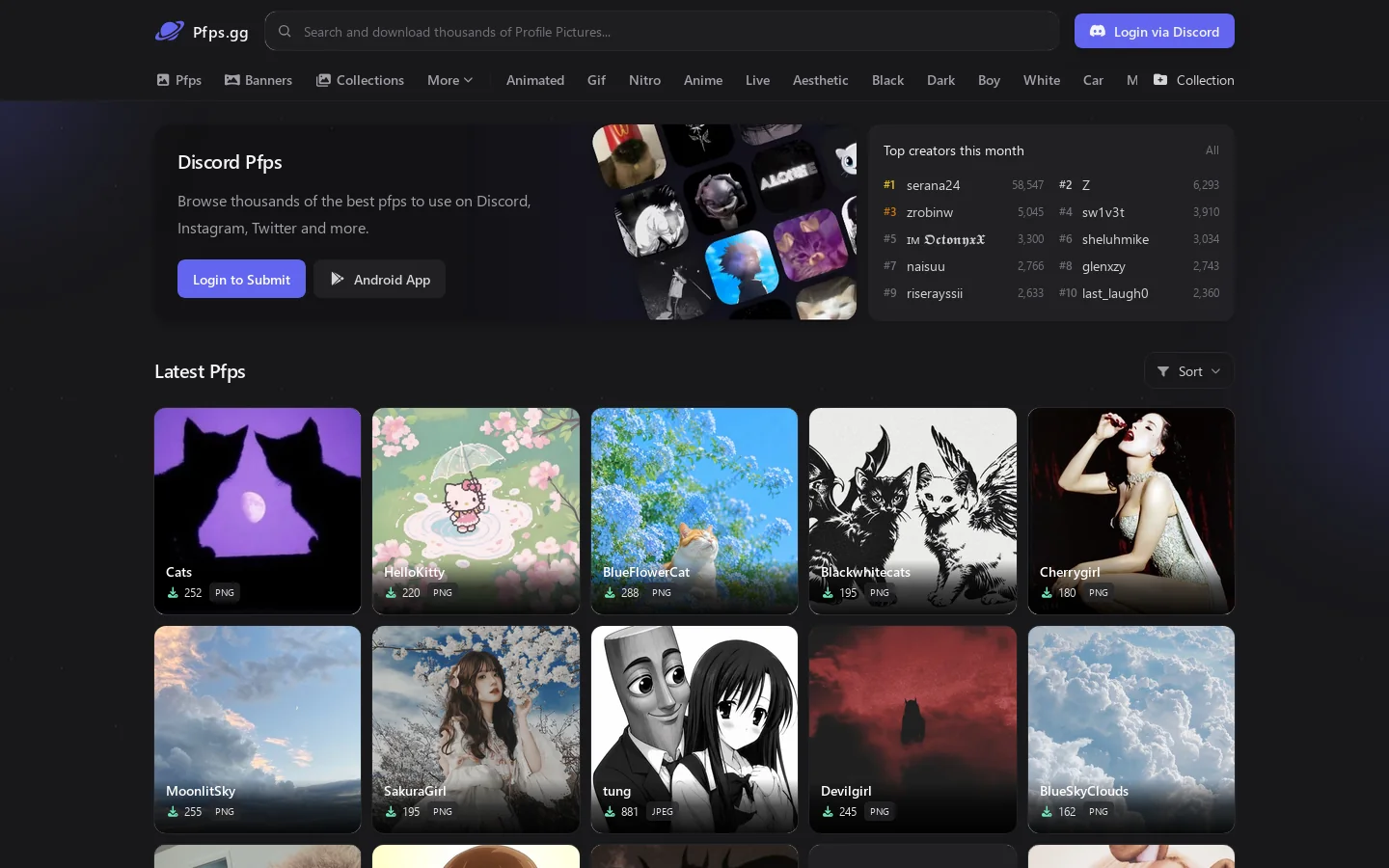 Pfps.gg Homepage screenshot