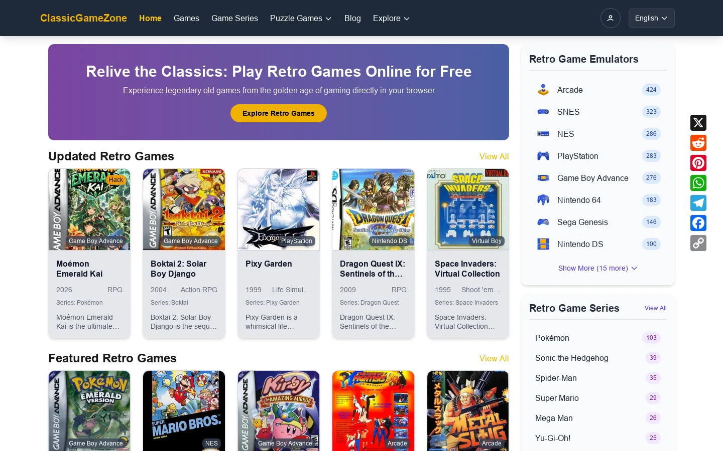 Retro Games - Play Free Classic Retro Games / Emulator Games Online Homepage screenshot