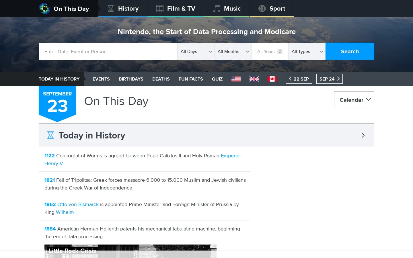 On This Day Homepage screenshot