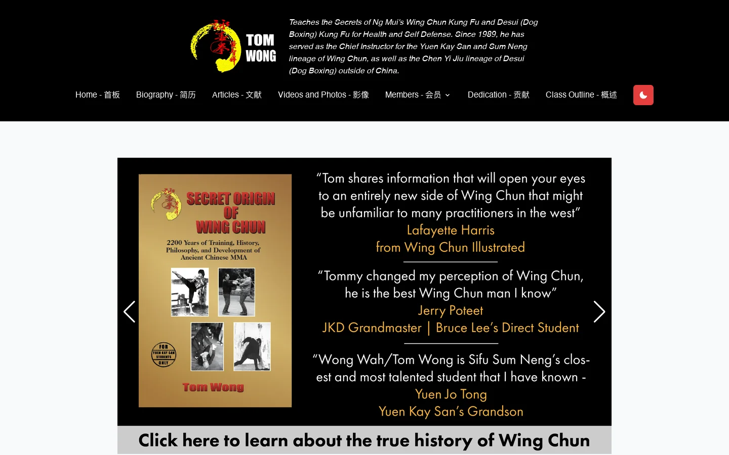 Tom Wong Wing Chun Homepage screenshot