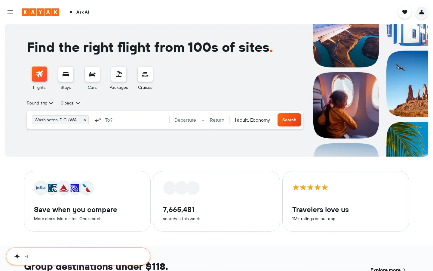 KAYAK Homepage screenshot