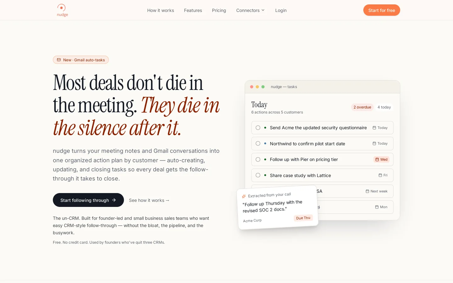 nudge — the un-CRM. Easy sales follow-up for founders. Homepage screenshot
